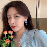 Retro Personality Blue Portrait Pearl Sweet Earrings